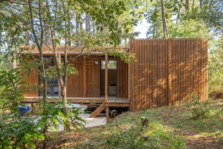 Une maison en bois dans une pinède