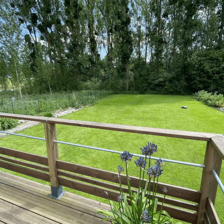 Terrasse d'une maison en bois avec un grand jardin