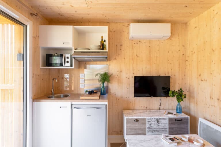 Détail cuisine d'un Greenkub GK20 : hotte aspirante, micro-ondes encastré et plan de travail bois avec évier rond