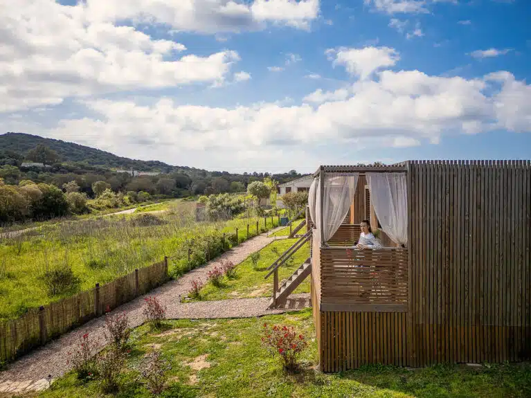 Studio de jardin Greenkub GK20 en bois naturel avec terrasse à claire-voie et escalier d'accès, vue extérieure ensoleillée