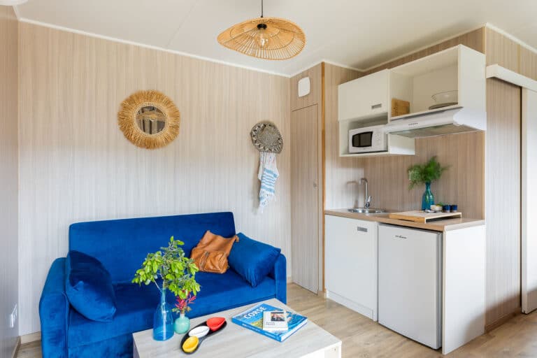 Aménagement intérieur GK20 Greenkub : optimisation de l'espace, cuisine ouverte sur chambre et finitions bois