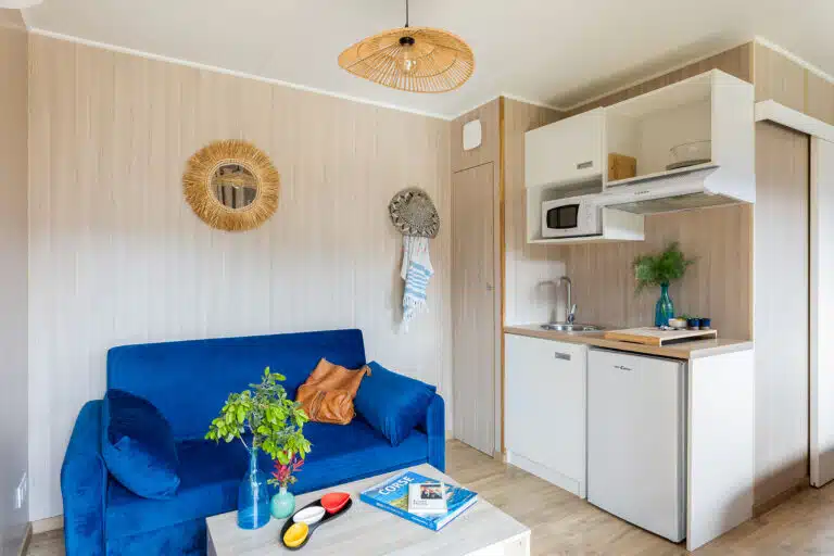 Aménagement intérieur GK20 Greenkub : optimisation de l'espace, cuisine ouverte sur chambre et finitions bois