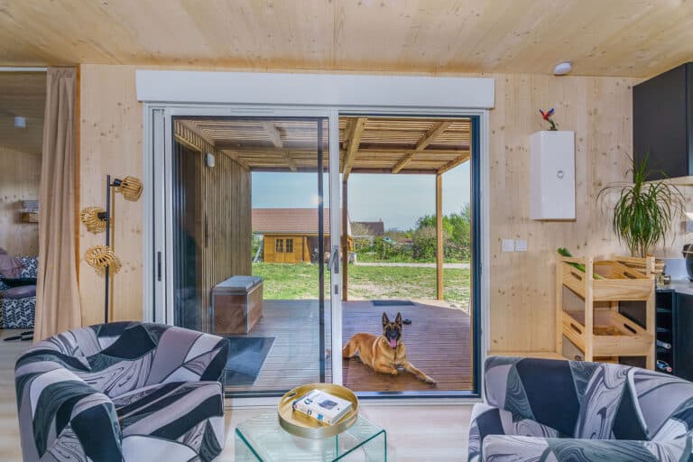 GK50 Greenkub Allier – living room avec vue jardin, finitions bois massif CLT et menuiseries anthracite