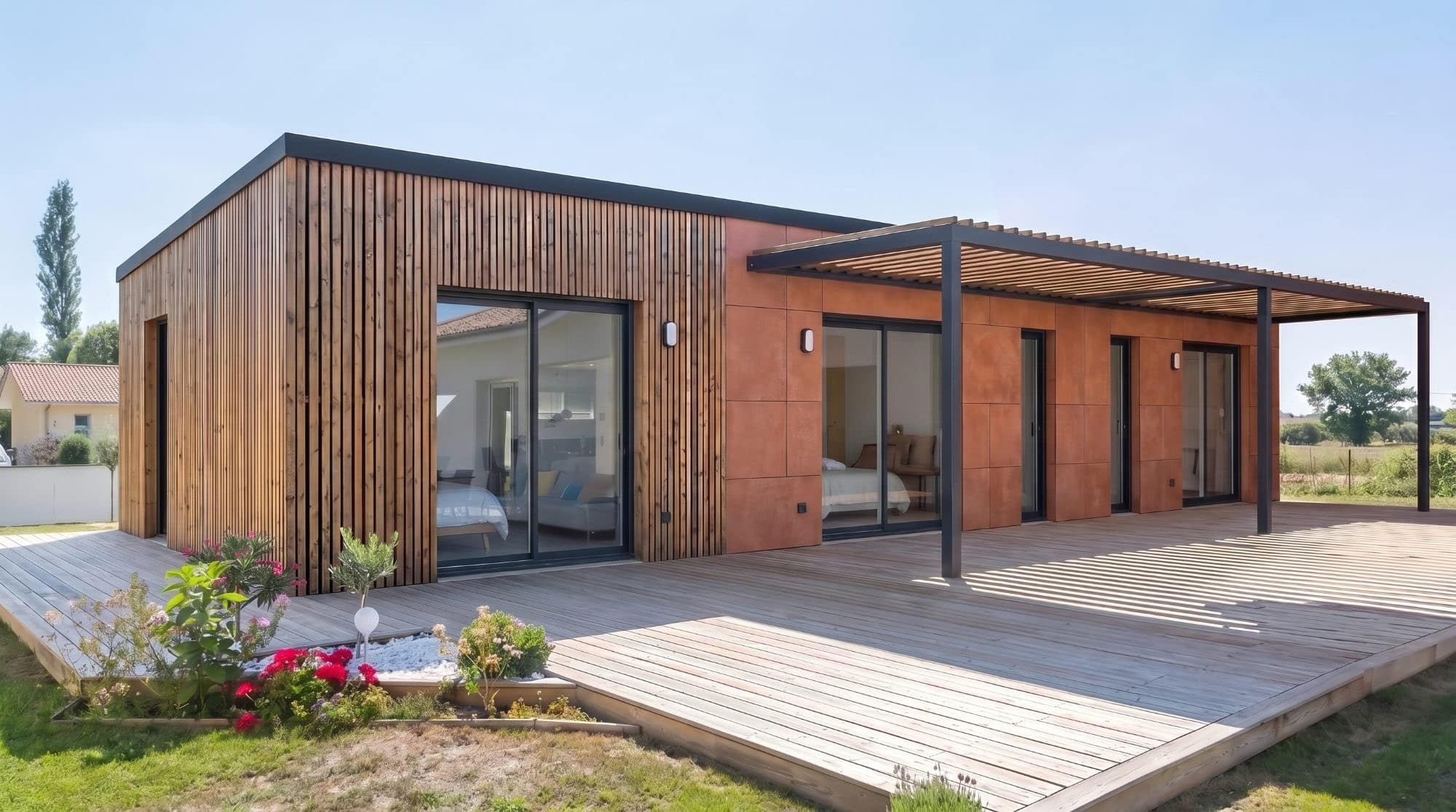 Maison M90R en ossature bois, façade bardage mixte Viroc et claire-voie Douglas, terrasse et pergola
