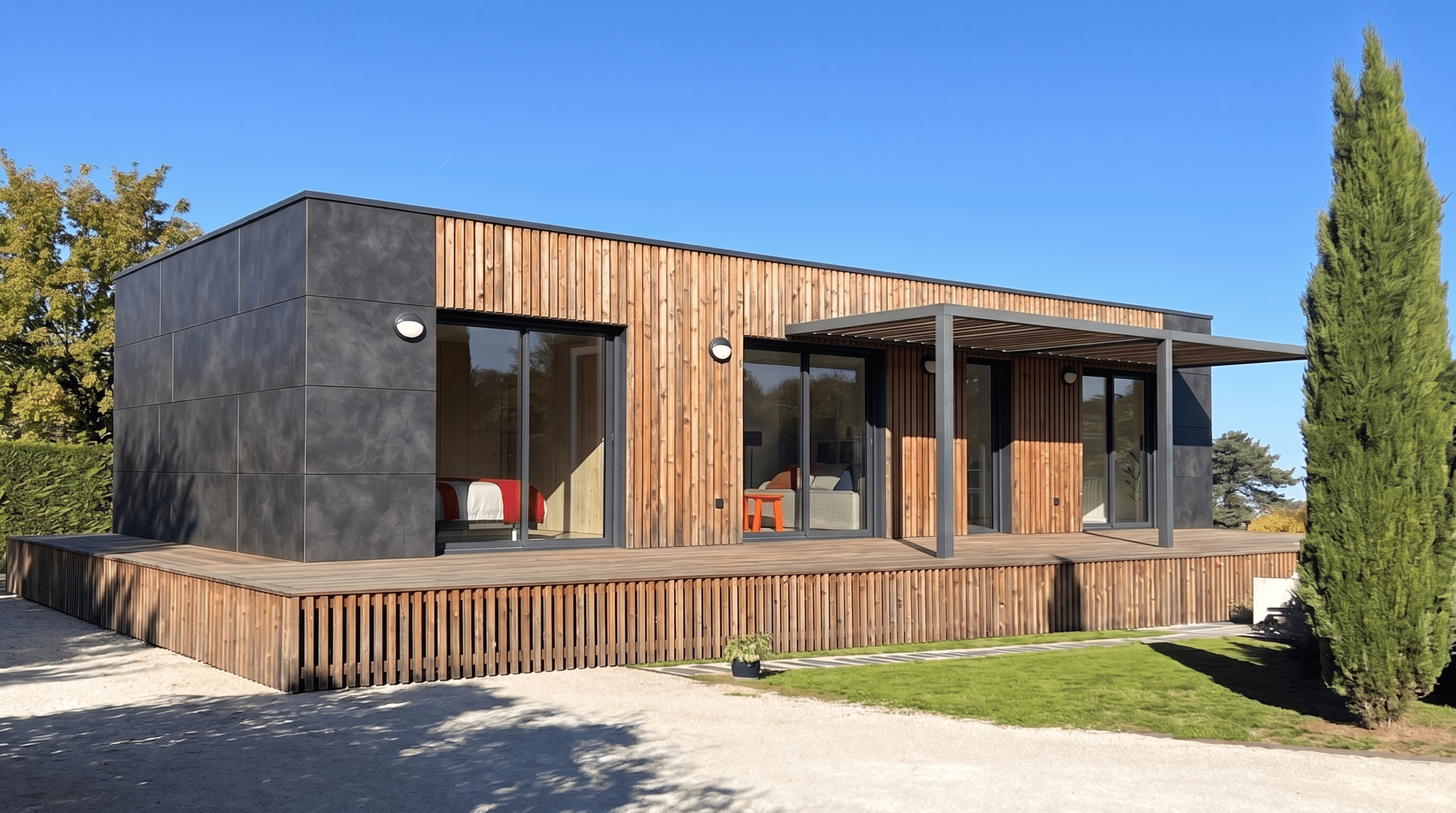 Maison M80R en ossature bois, façade bardage mixte Viroc et claire-voie Douglas, terrasse et pergola
