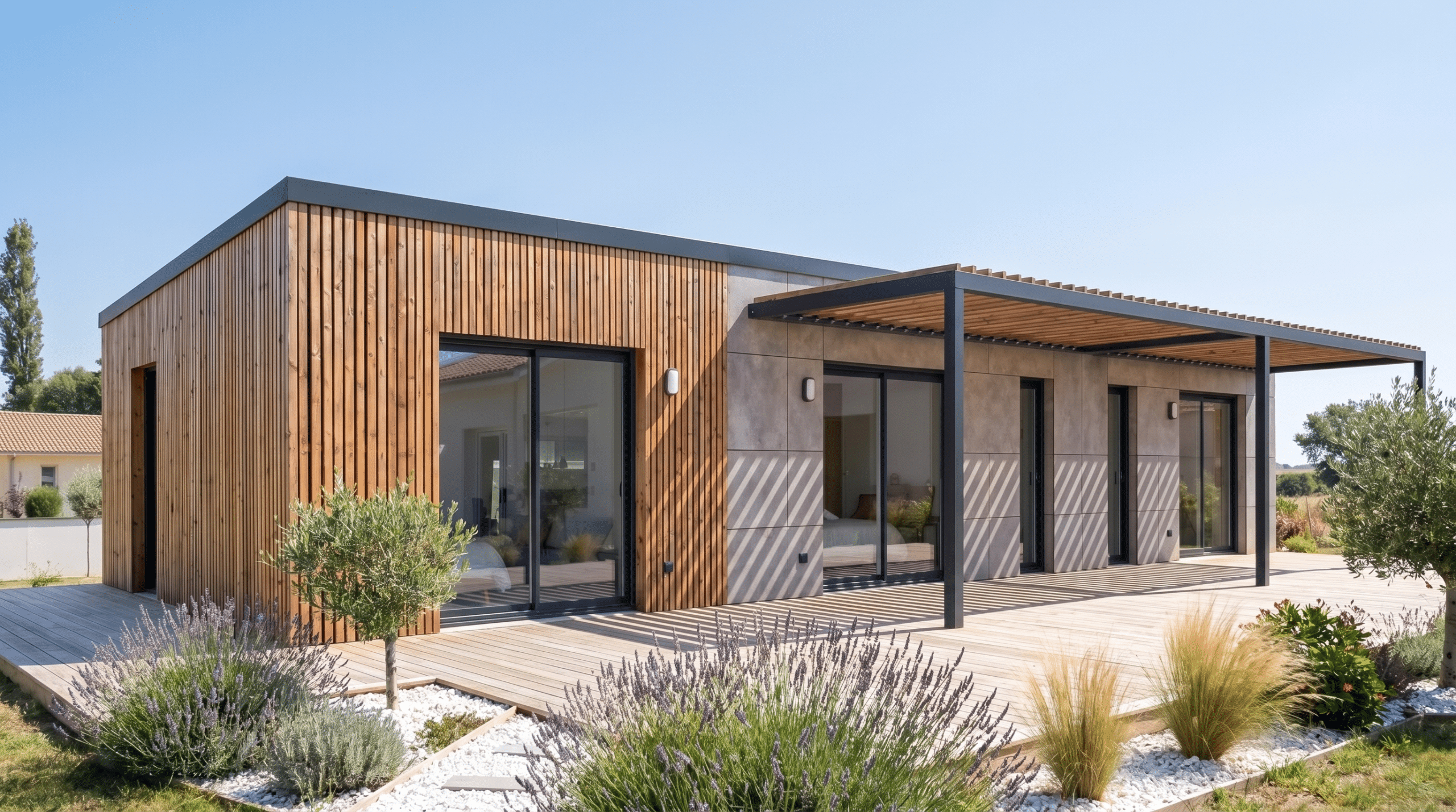 Maison M60L en ossature bois, façade bardage mixte Viroc et claire-voie Douglas, terrasse et pergola