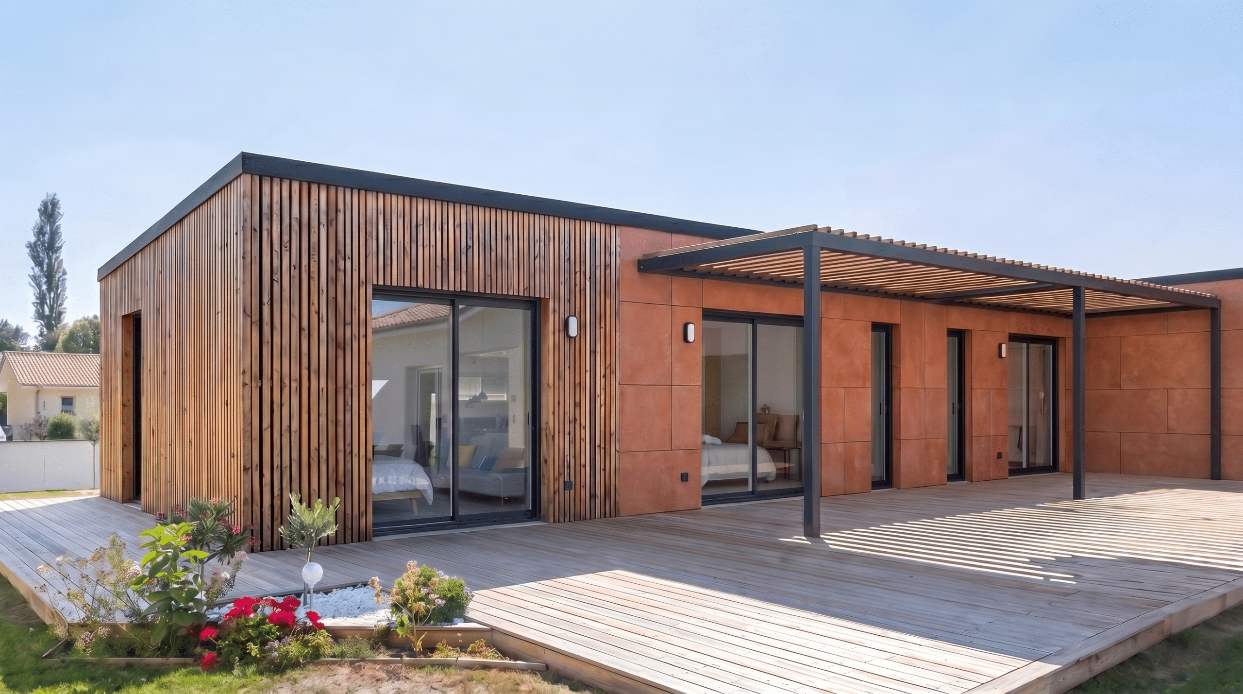 Maison M100L en ossature bois, façade bardage mixte Viroc et claire-voie Douglas, terrasse et pergola