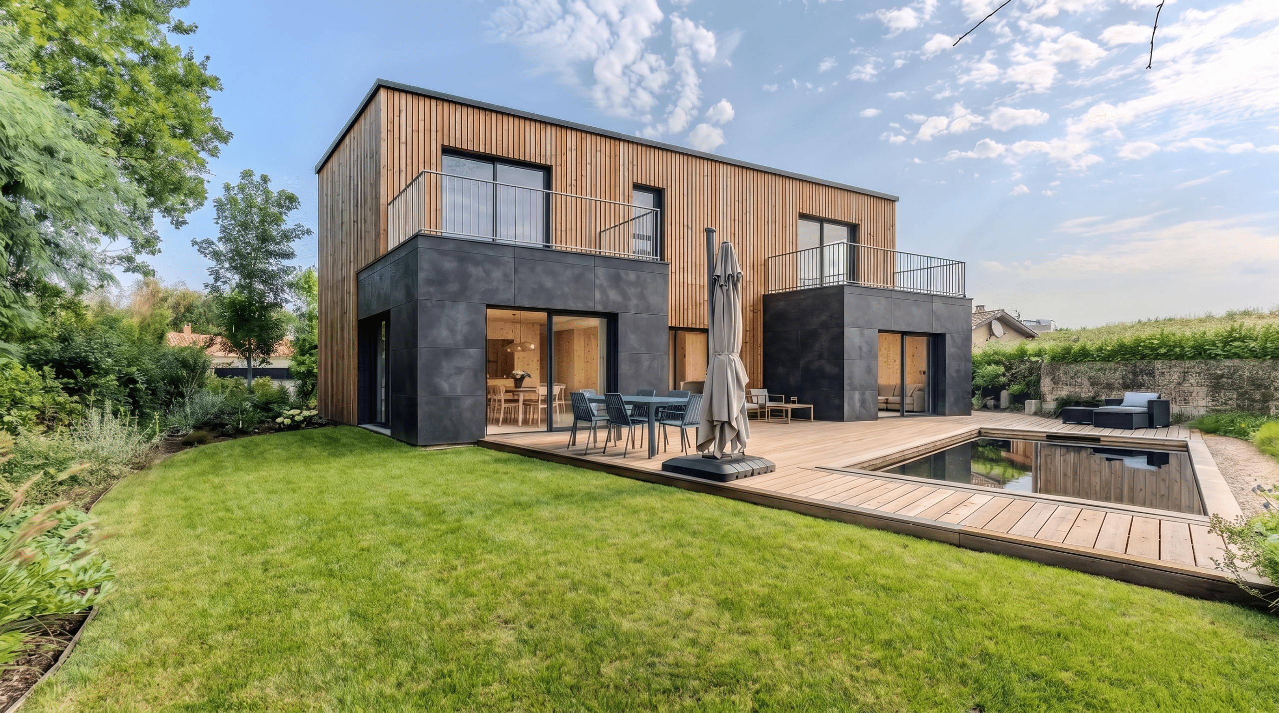 Maison M100TU en ossature bois, façade bardage mixte Viroc et claire-voie Douglas, terrasse et pergola