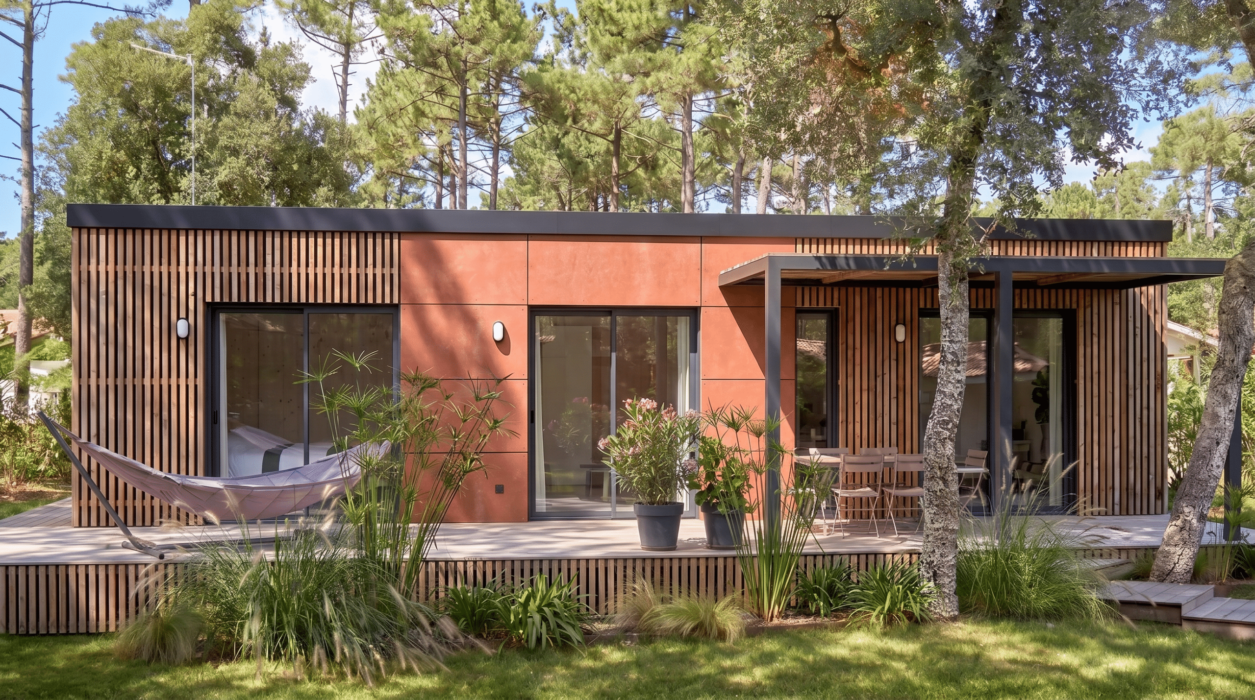 Maison M70R en ossature bois, façade bardage mixte Viroc et claire-voie Douglas, terrasse et pergola