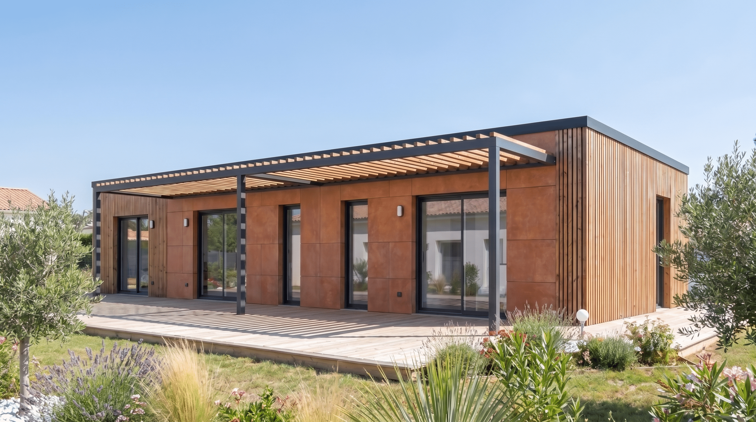 Maison M80U en ossature bois, façade bardage mixte Viroc et claire-voie Douglas, terrasse et pergola