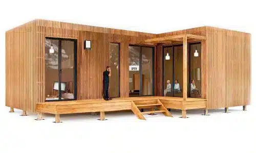 Vue 3D de profil d'un atelier d'artisanat de 40m² en L