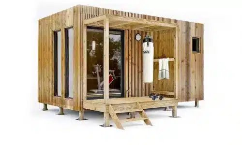 Vue 3D de profil d'un studio salle de sport de 15 m²